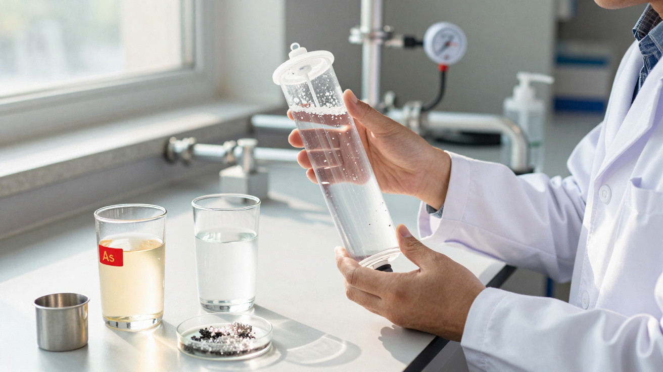 Laborant im weißen Kittel untersucht Wasserprobe, zwei Gläser mit Wasser und Proben auf Labortisch sichtbar.