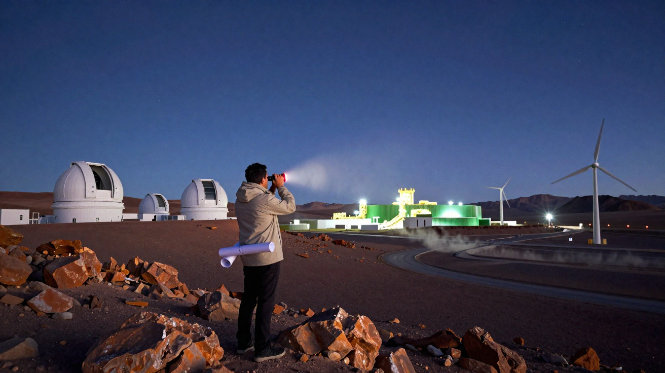 Person mit Fernglas blickt am Abend in einer Wüstenlandschaft mit Observatorien und Windrädern.