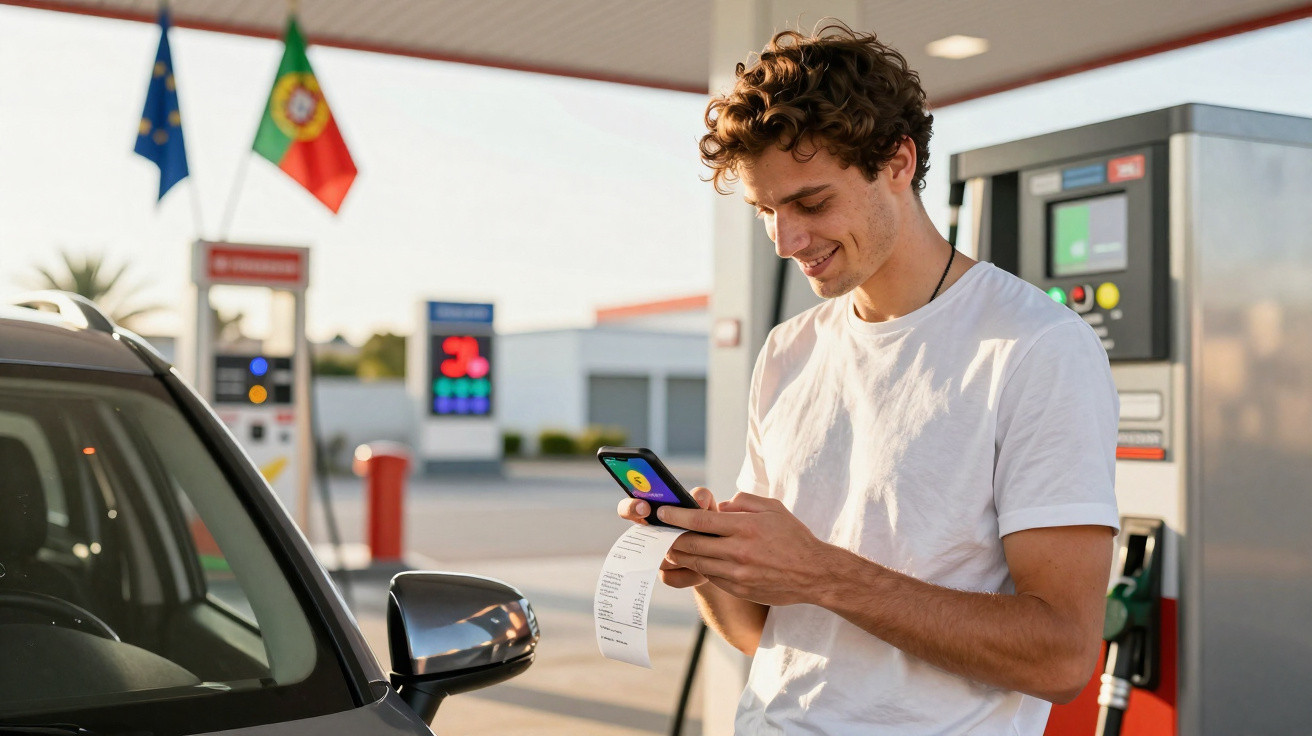 Junger Mann mit weißem T-Shirt nutzt Handy und hält Kassenbon an Tankstelle neben Auto.