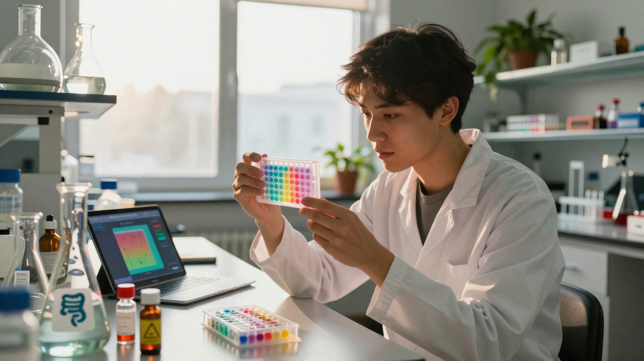 Junger Wissenschaftler im Labor analysiert farbige Flüssigkeiten in Mikrotiterplatte bei Tageslicht.