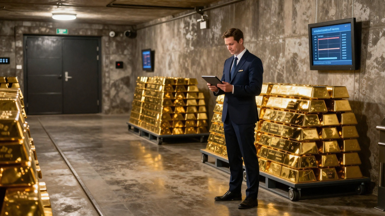 Geschäftsmann im Anzug analysiert Daten auf Tablet vor Goldbarrenstapeln in einem Tresorraum.