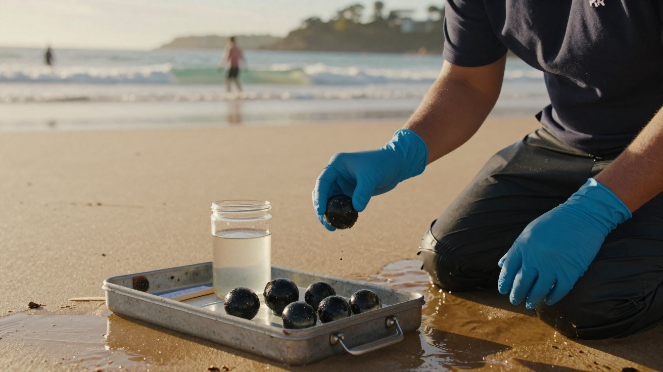 Person mit blauen Handschuhen sammelt schwarze Kugeln am Strand, Meer im Hintergrund.