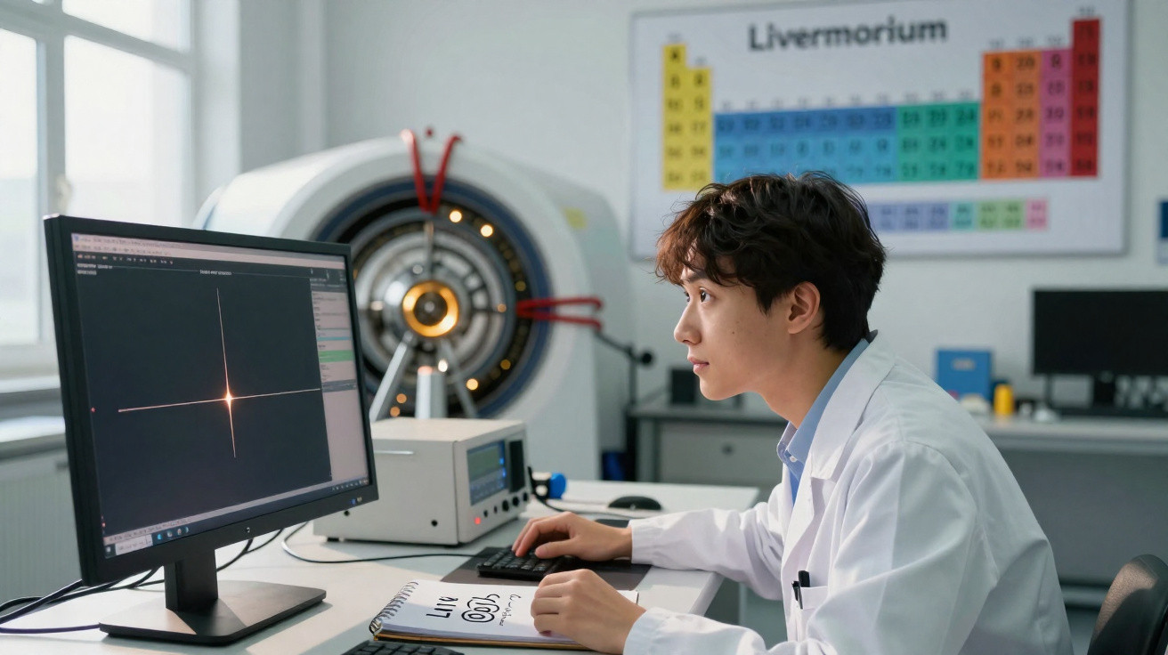Wissenschaftler in Laborkittel analysiert Daten am Computerbildschirm mit Periodensystem im Hintergrund.