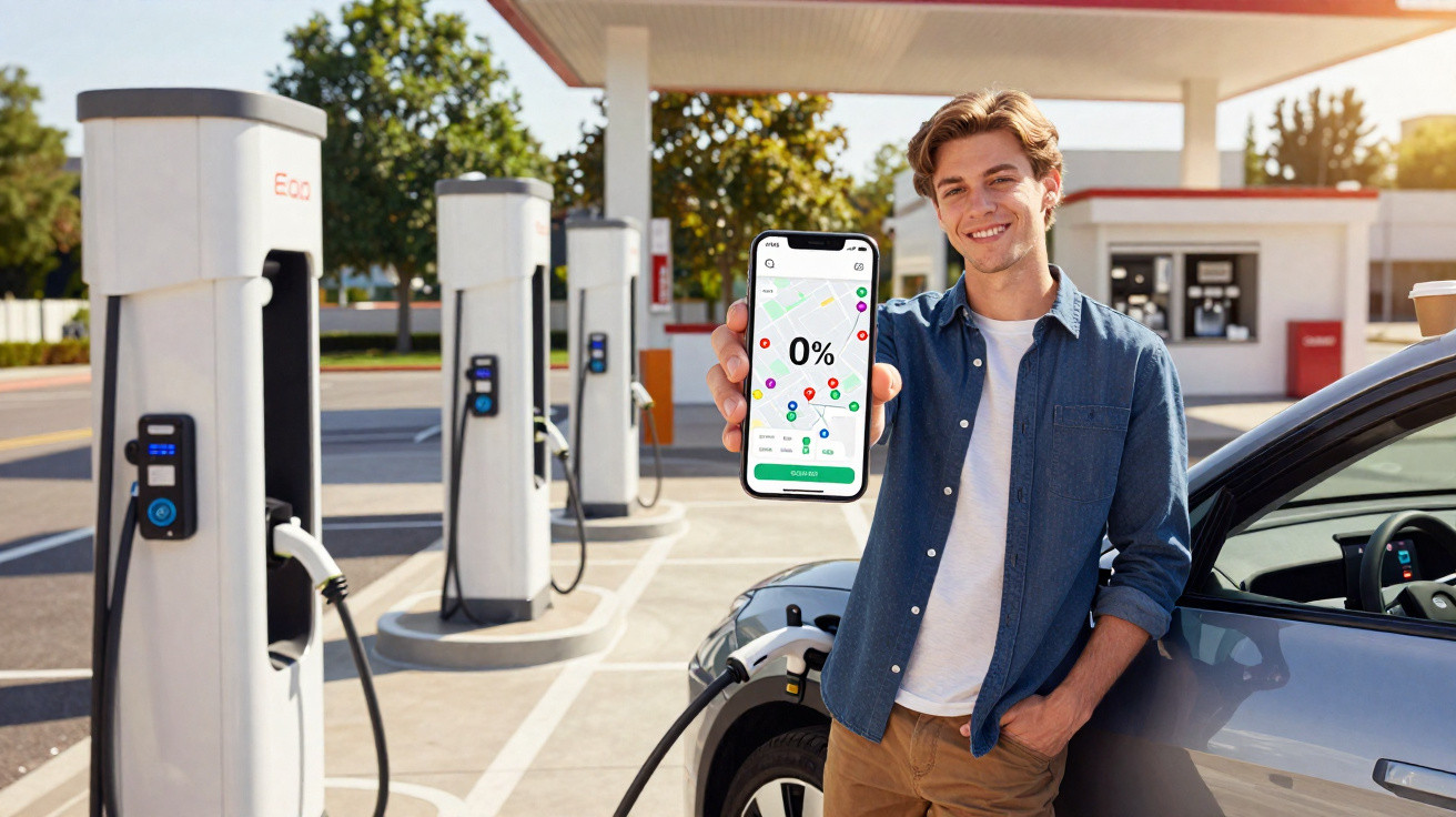 Junger Mann an Ladestation zeigt Smartphone mit 0% Ladezustand, E-Auto wird aufgeladen.