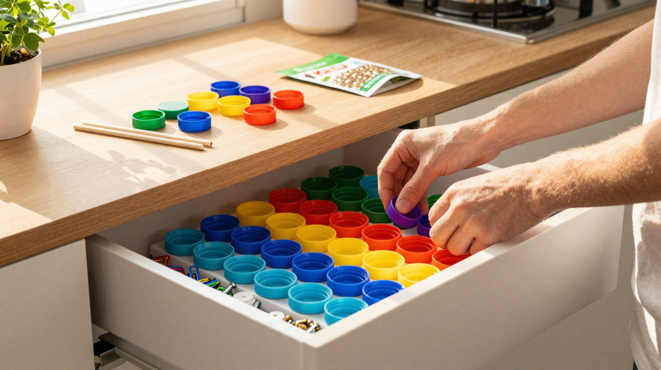 Person sortiert bunte Plastikdeckel in einer weißen Küchenschublade unter Arbeitsfläche mit Pflanzen und Stiften.