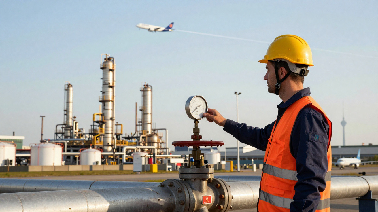 Arbeiter mit Helm und Warnweste misst Druck an Rohrleitung vor Industrieanlage, Flugzeug am Himmel fliegt vorbei.