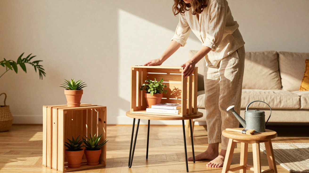 Frau stellt Holzbox mit Pflanze auf runden Tisch in sonnigem Wohnzimmer mit Pflanzen und Sofa.