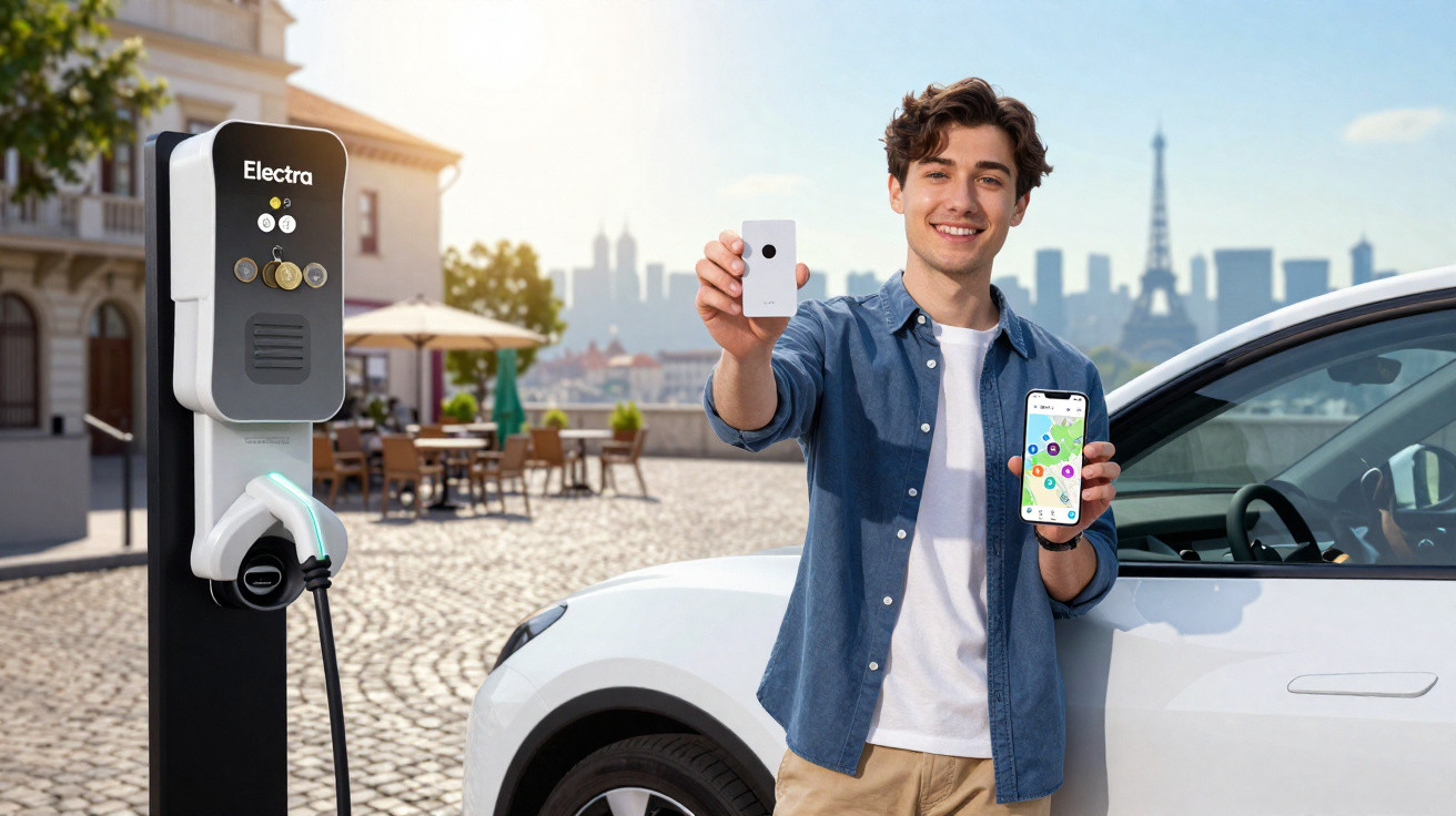 Junger Mann zeigt Smartphone-App und Schlüssel vor weißem Elektroauto an Ladestation in Stadtumgebung.