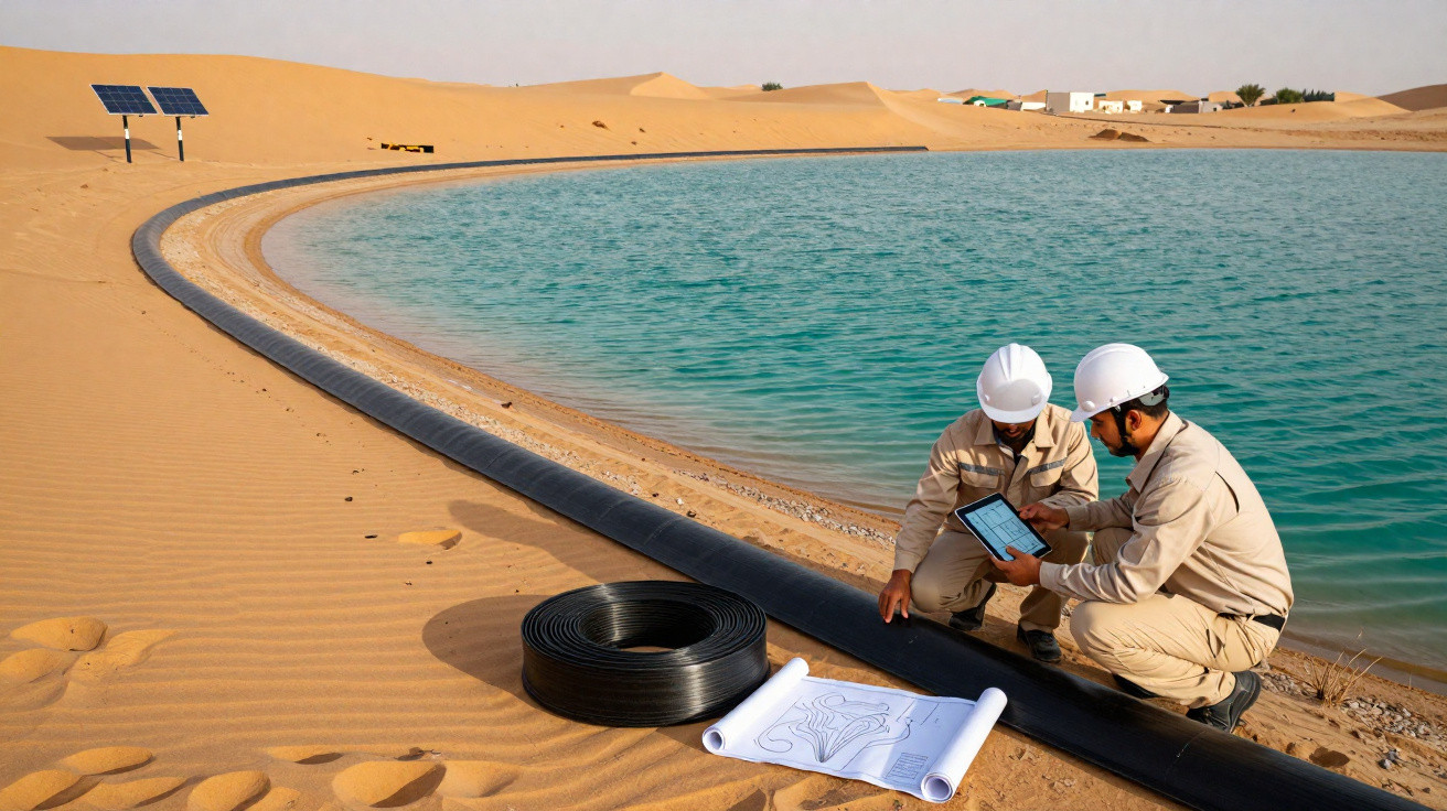 Zwei Ingenieure mit Schutzhelmen prüfen Pläne und Tablet am Wüstenwasserbecken mit Solarpanelen.
