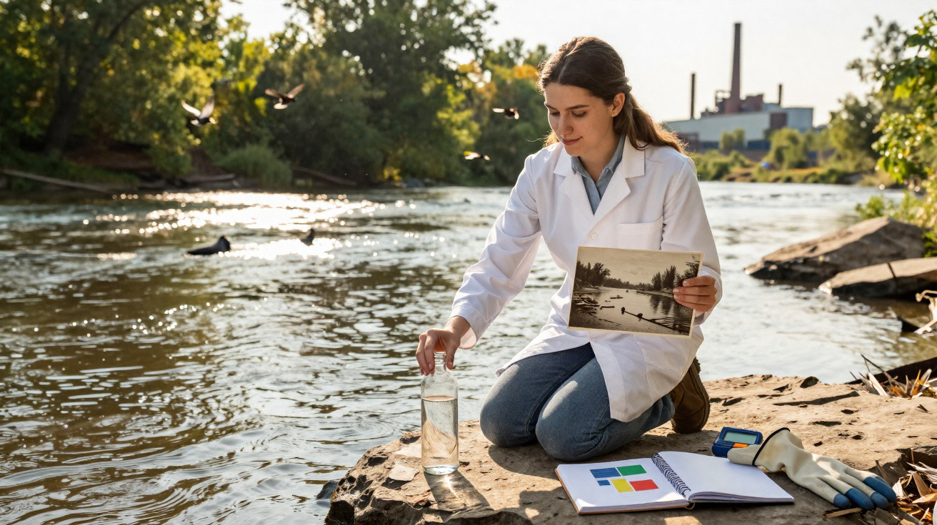 Frau im Laborjacke entnimmt Wasserprobe am Flussufer, hält Foto, Bücher und Handschuhe neben sich