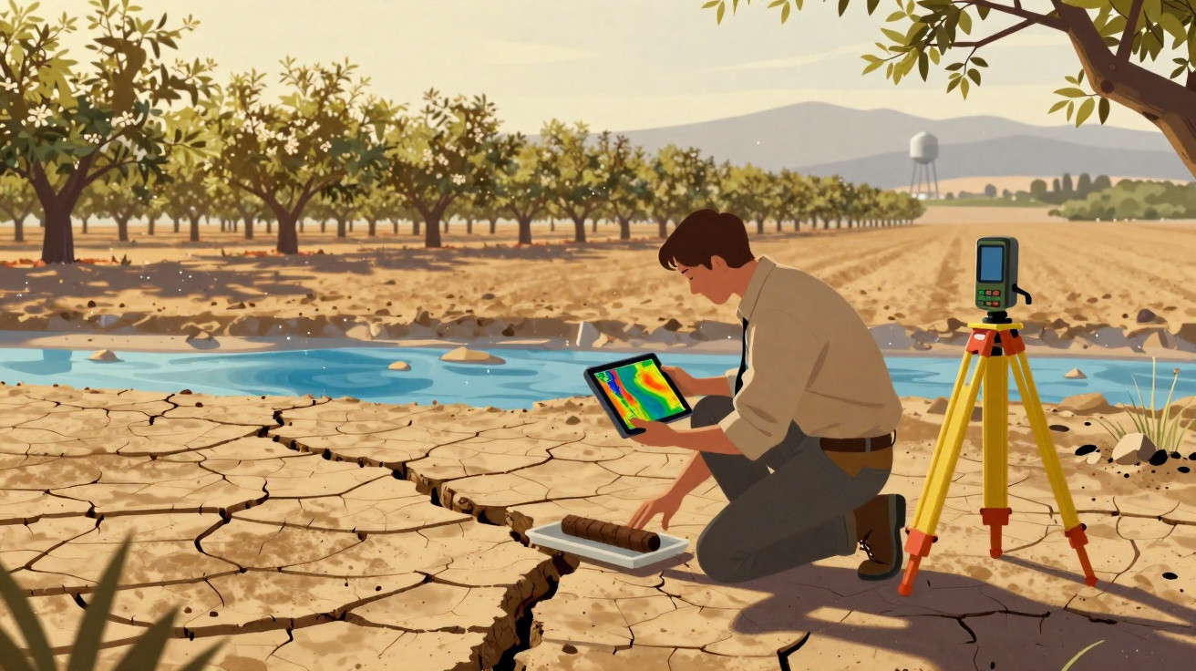 Mann untersucht mit Tablet und Gerät Risse im ausgetrockneten Boden nahe einem Fluss und Obstbäumen.