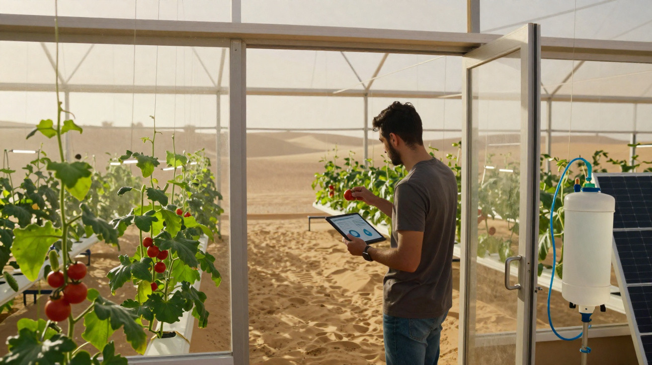 Mann überprüft Tomatenpflanzen in einem Gewächshaus in der Wüste mit Tablet und Solarpanel im Hintergrund.