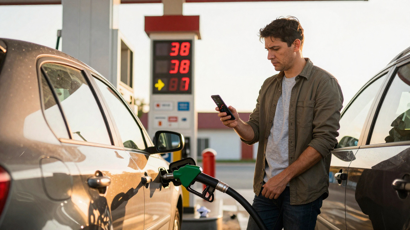 Mann tankt Auto und schaut auf Smartphone an einer Tankstelle im Sonnenlicht.