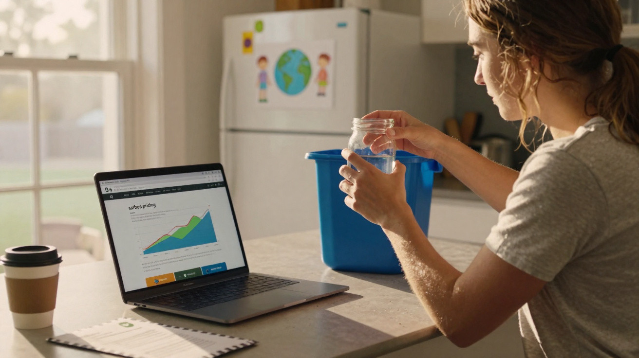 Frau sitzt am Küchentisch, hält ein Glas Wasser, Laptop zeigt bunte Grafik, Sonnenschein durch Fenster.
