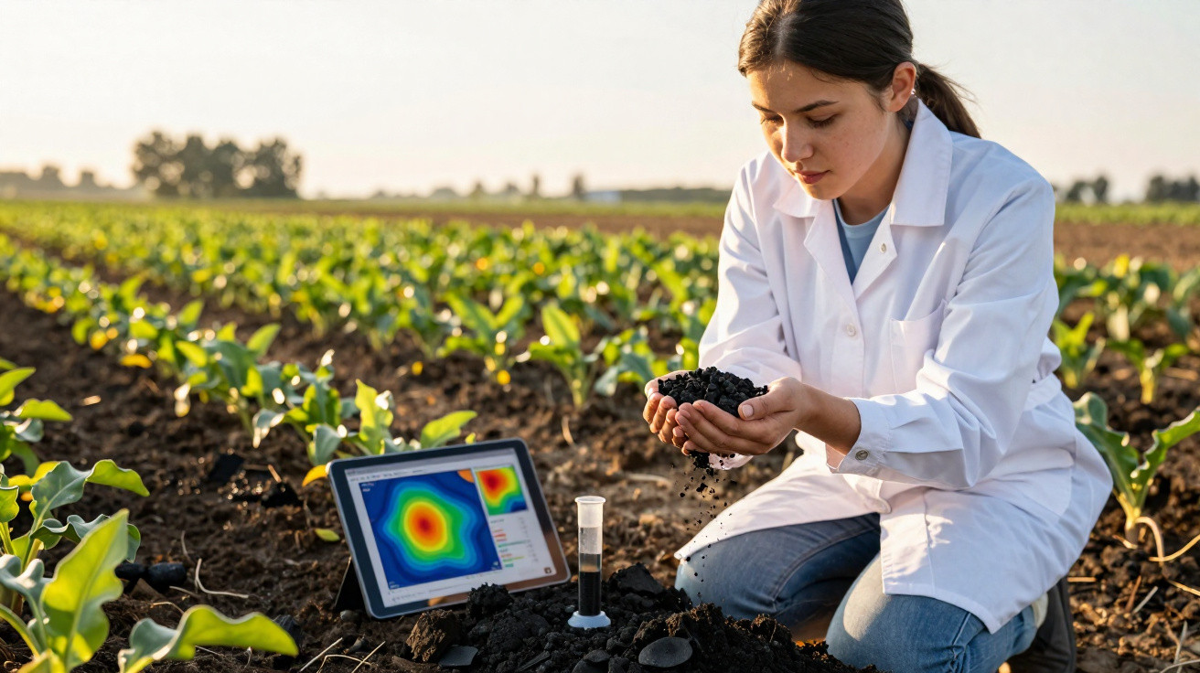 Frau in weißem Kittel untersucht Bodenprobe auf einem Feld neben Tablet mit Bodendaten.