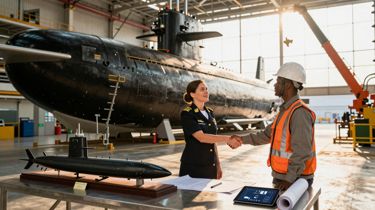 Marineoffizierin und Ingenieur im Gespräch und Händeschütteln in Werft vor U-Boot und Modell.
