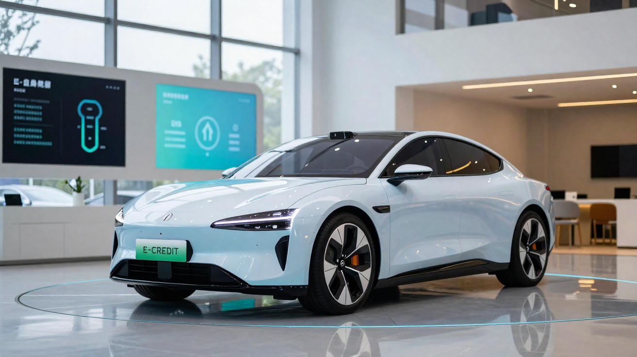 Weißes Elektroauto in modernem Showroom mit digitalen Displays im Hintergrund.