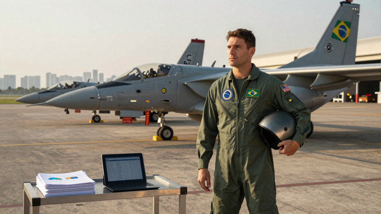 Pilot in Fliegeroverall mit Helm neben modernem Militärjet auf Flugplatz bei Tageslicht.