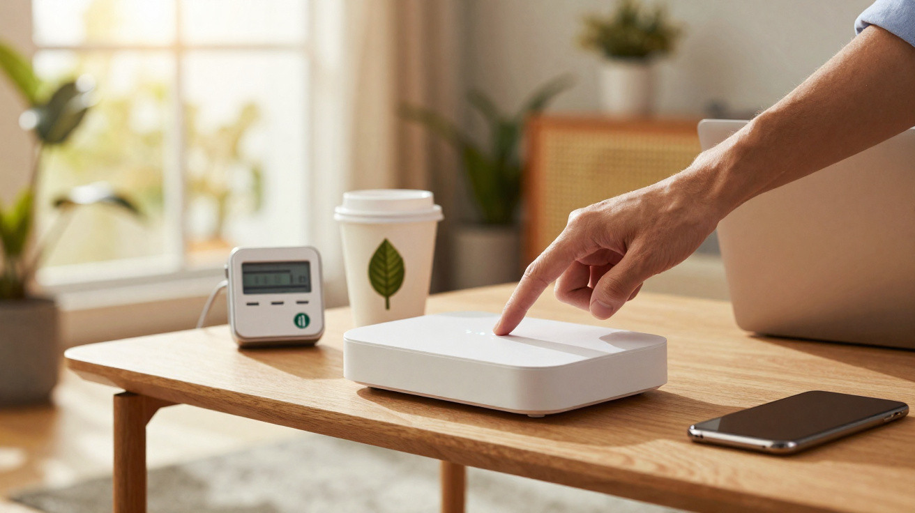 Hand tippt auf smartes Home-Gerät auf Holztisch mit Thermometer, Smartphone, Kaffeebecher und Laptop im Hintergrund.