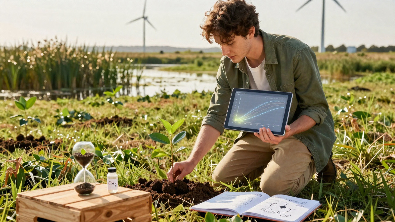 Junger Mann analysiert Pflanze im Feld mit Tablet, umgeben von wissenschaftlichen Utensilien und Windrädern.