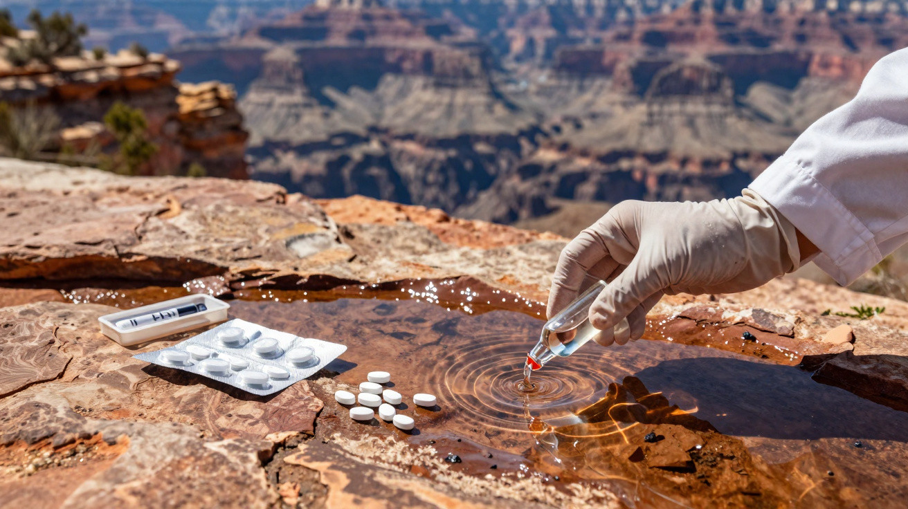 Hand mit Handschuh tropft Wasser aus Reagenzglas auf felsige Oberfläche mit Tabletten und Blisterpackung.