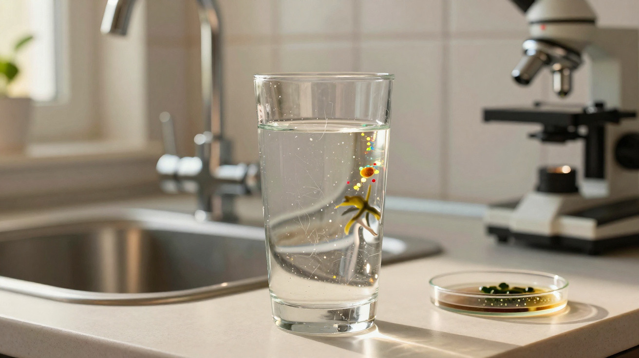 Klares Wasserglas mit kleinen Pflanzen im Labor auf einem Labortisch neben einer Petrischale und Mikroskop.