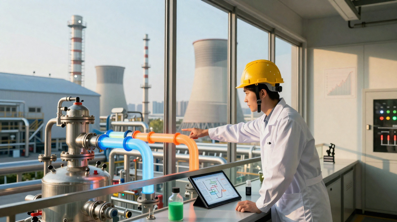 Ingenieur mit Schutzhelm überprüft Anlagensteuerung in modernem Industrie- und Kraftwerkslabor.