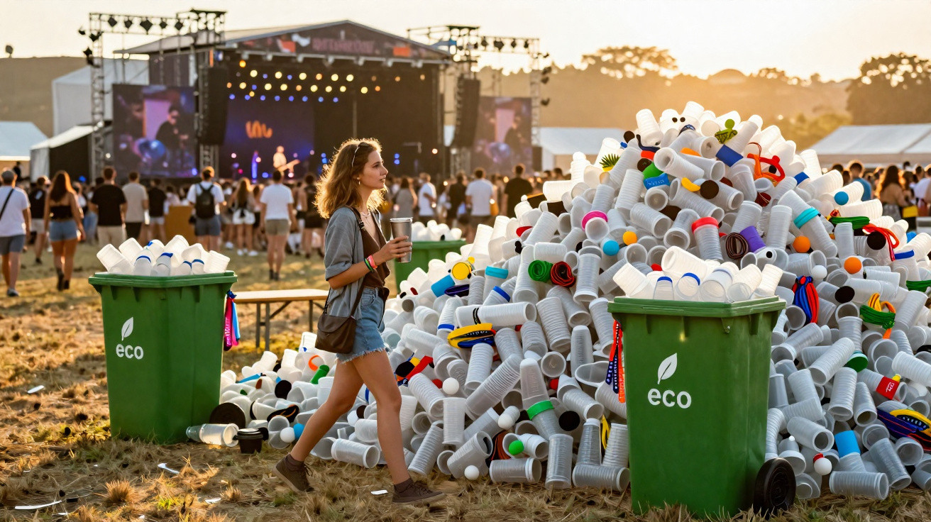 Junge Frau mit Kaffeebecher läuft an Mülltonnen und großem Haufen Einwegbechern bei Festival vorbei.