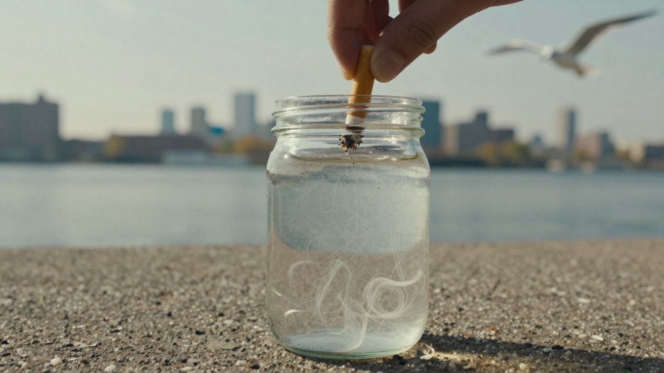 Hand hält brennende Zigarette über Glas mit Wasser, im Hintergrund Stadt und fliegende Möwe am Flussufer.