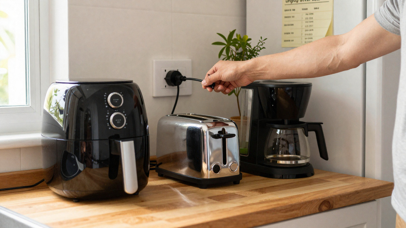 Küche mit Heißluftfritteuse, Toaster, Kaffeemaschine und Person, die Stecker in Steckdose steckt.