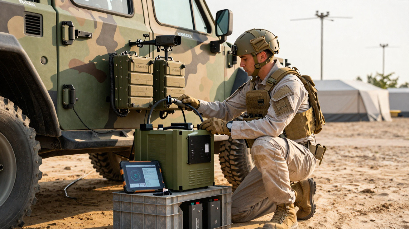 Soldat in Tarnuniform mit Helm bedient militärische Ausrüstung neben getarntem Fahrzeug in Wüstenumgebung.
