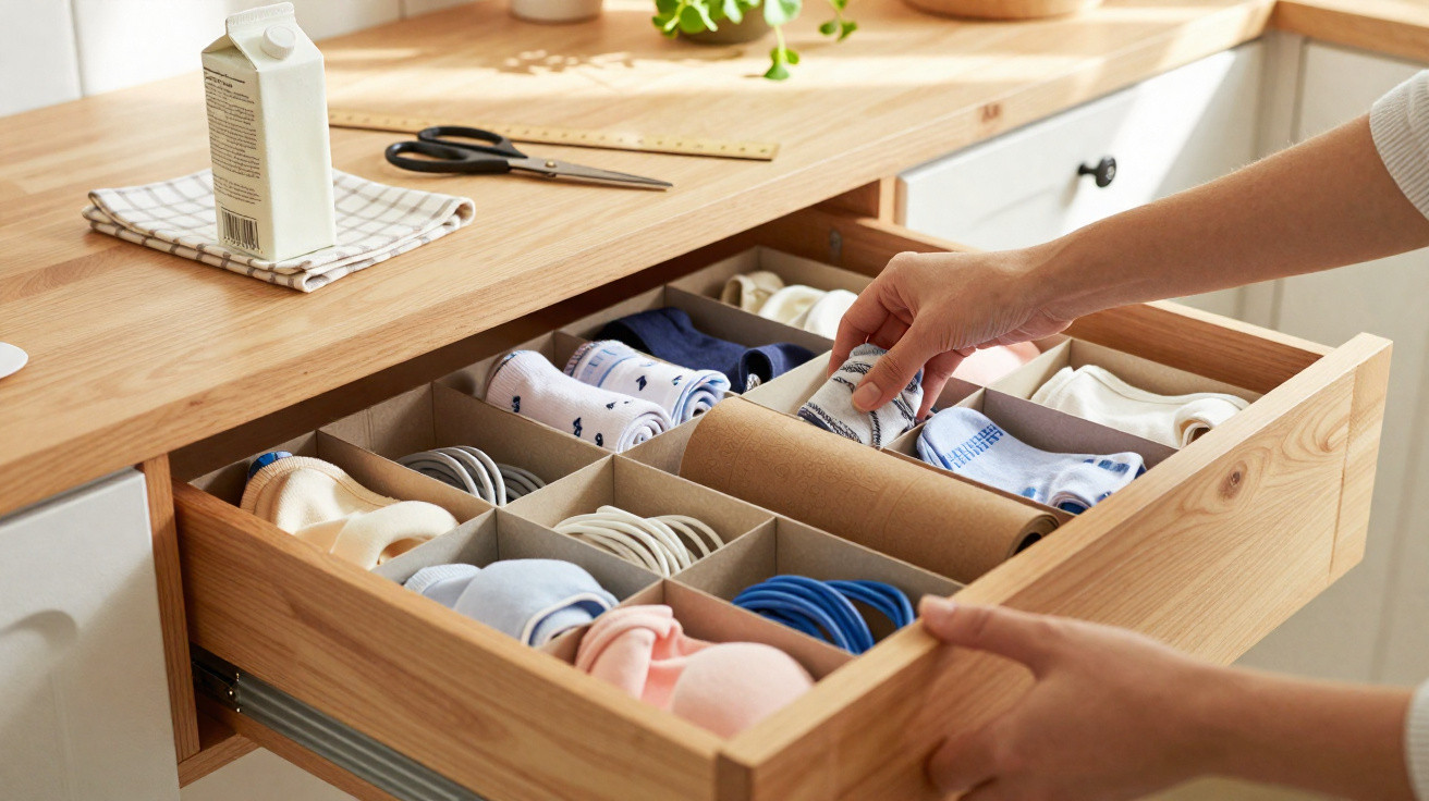 Geöffnete Holzküchenschublade mit ordentlich sortierten Socken, eine Hand rollt eine Socke zusammen.
