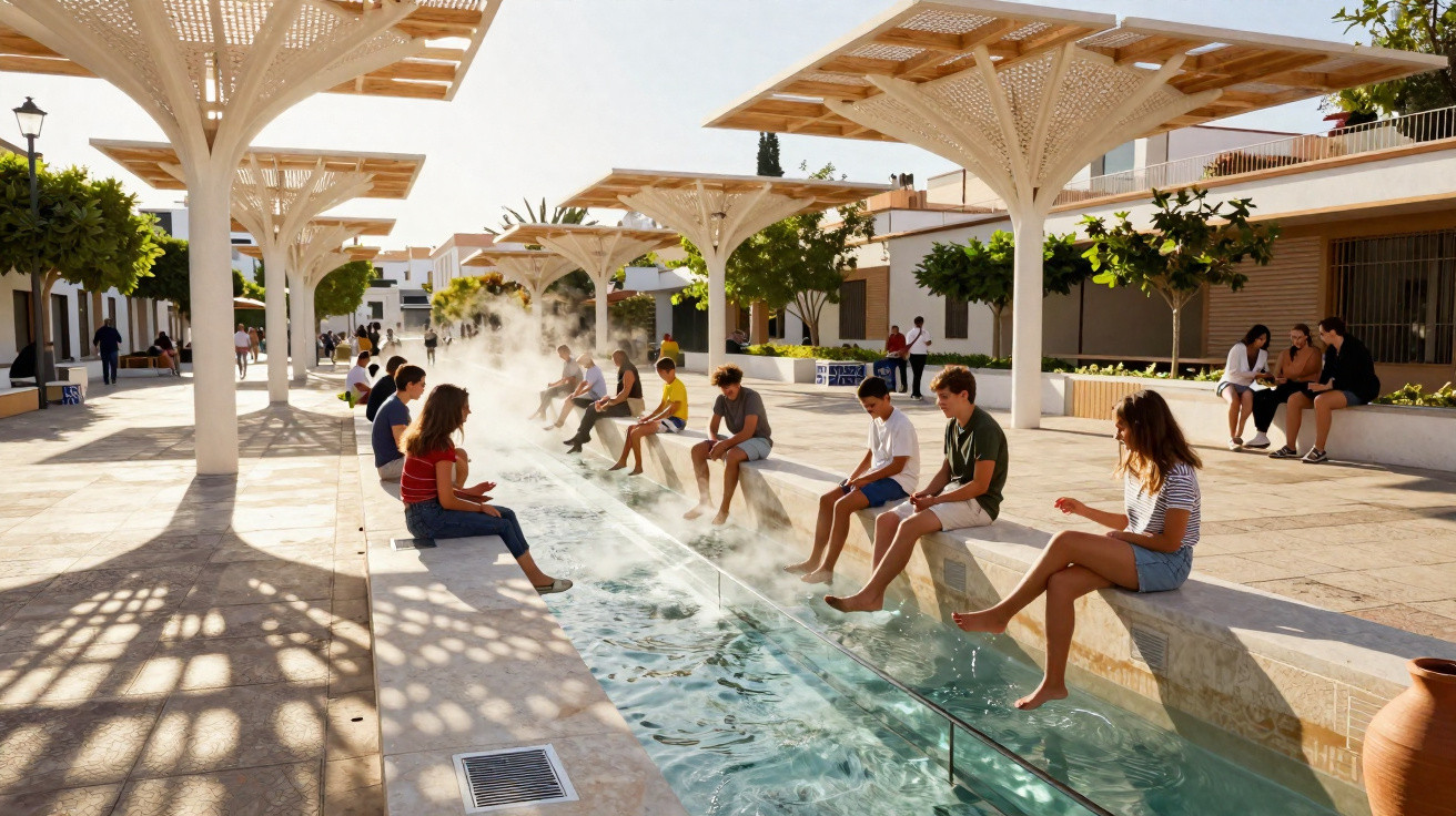 Menschen sitzen an einem Wasserbecken im Freien mit Schatten von modernen Holzüberdachungen an einem sonnigen Tag.