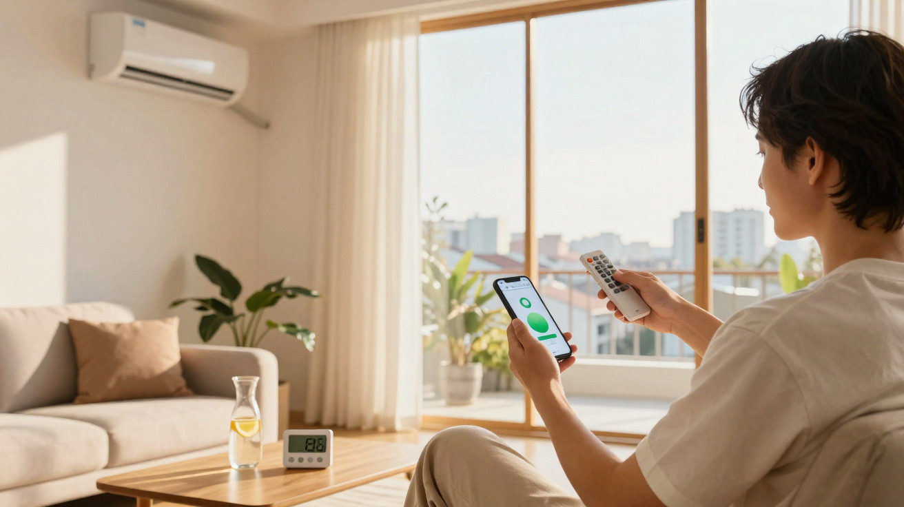 Person bedient Klimaanlage mit Smartphone und Fernbedienung in hellem Wohnzimmer mit Sofa und Luftbefeuchter