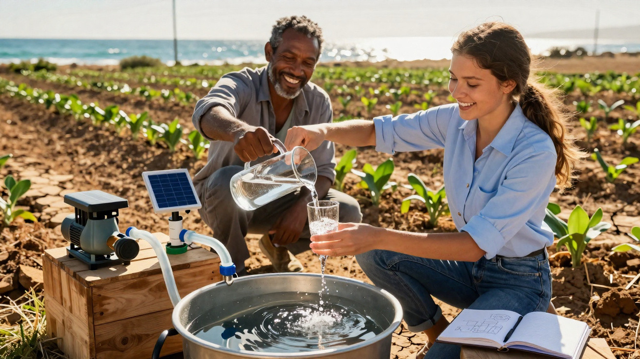 Zwei Menschen testen sauberes Wasser aus solarbetriebenem Filtersystem auf einem Feld bei sonnigem Wetter.