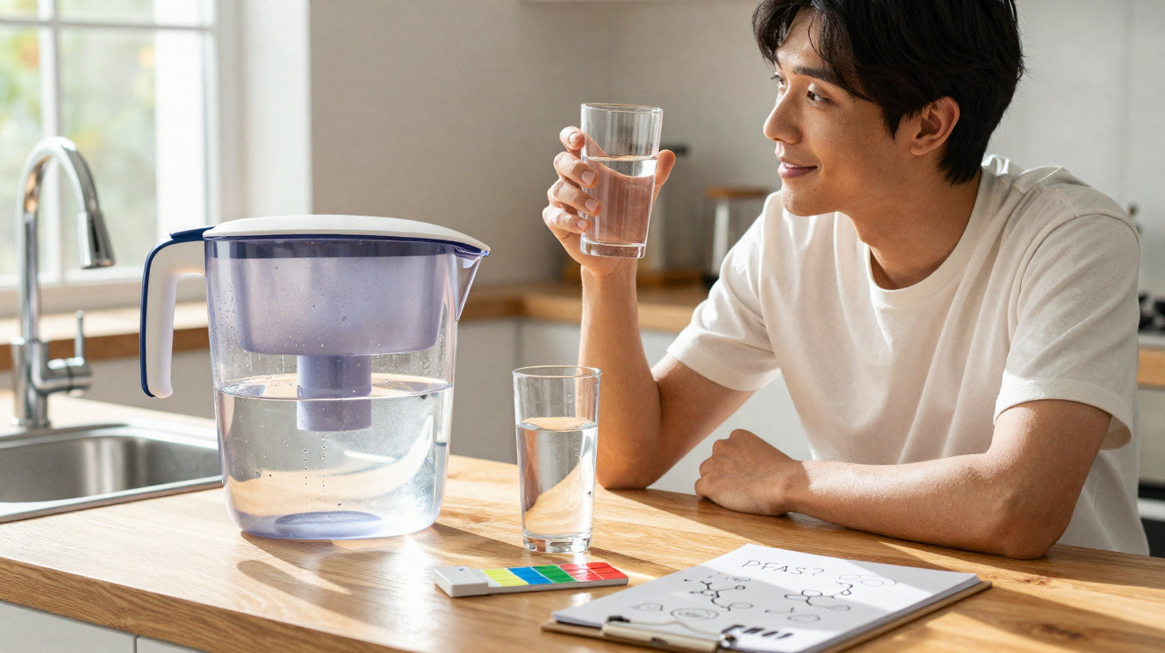 Mann sitzt an Küchentisch mit Glas Wasser, Wasserfilterkanne und Notizen mit chemischen Formeln.