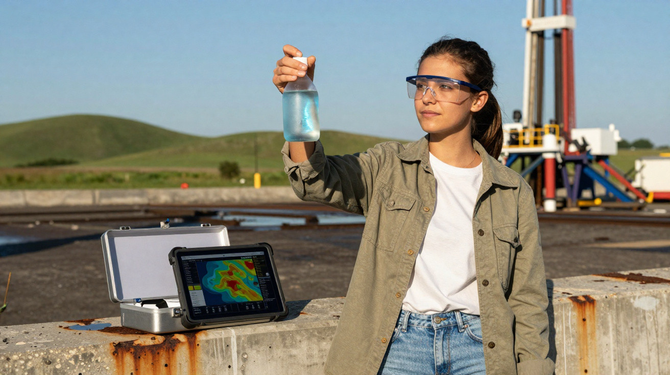 Junge Wissenschaftlerin mit Schutzbrille hält eine Wasserprobe an einem Bohrstandort im Freien.