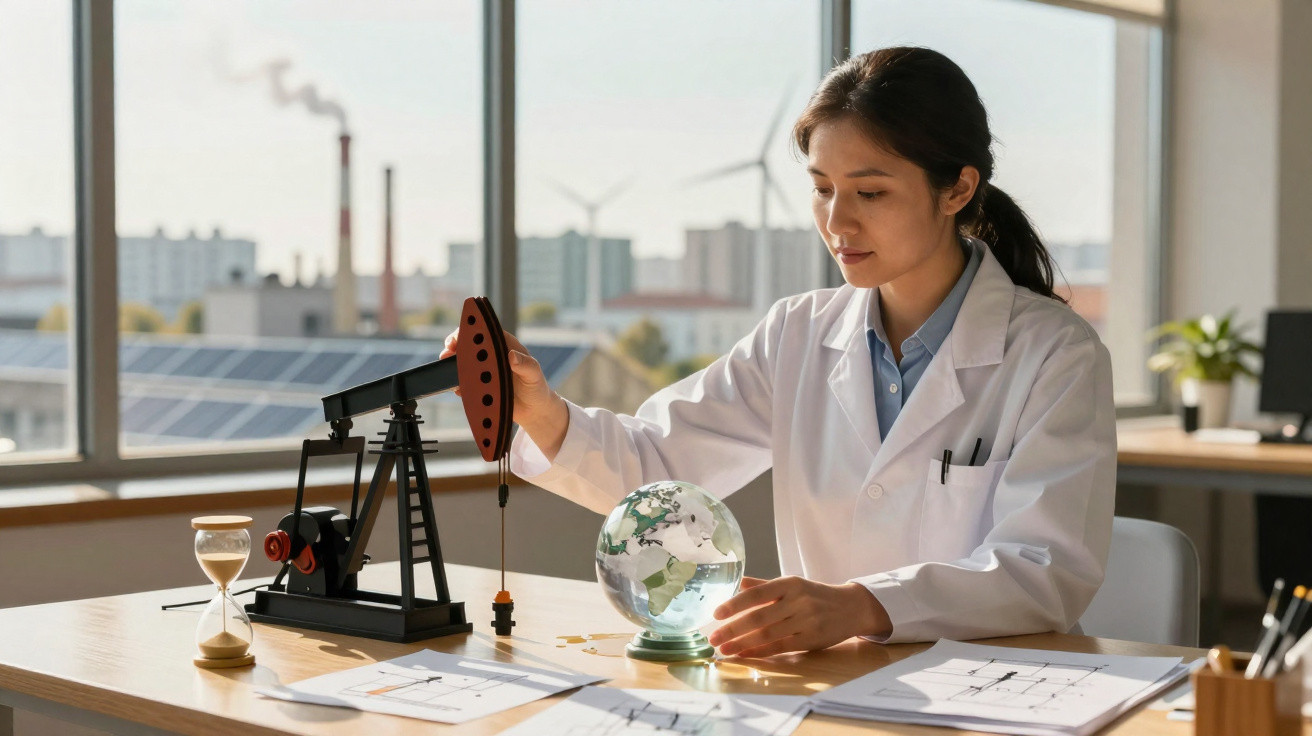 Frau im Labor mit Modell einer Öl-Pumpe und Globus, Fenster mit Fabrik und Solaranlagen im Hintergrund.
