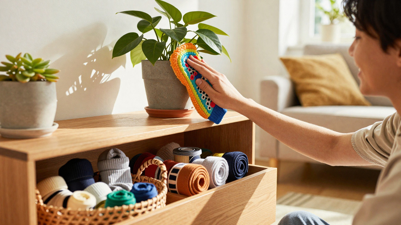 Person reinigt mit einem bunten Schwamm eine Blumentopf auf einem hölzernen Möbelstück im Wohnzimmer.