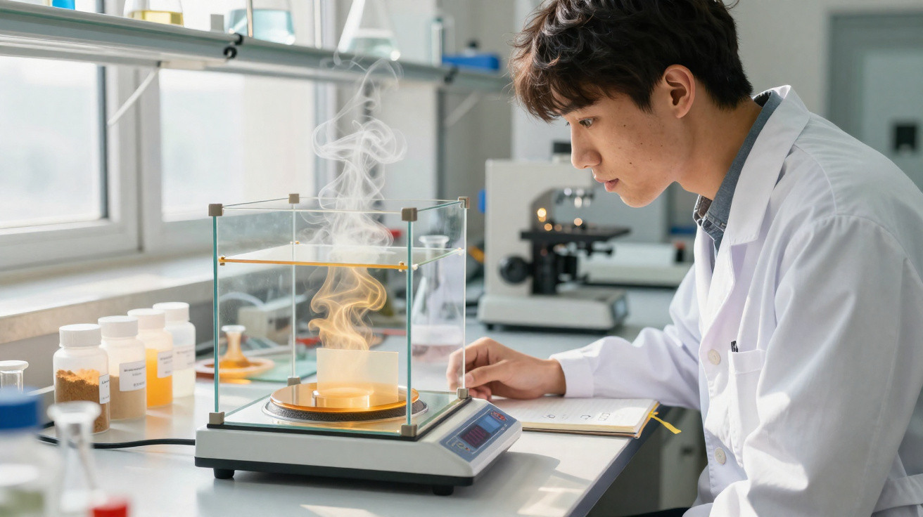 Junger Wissenschaftler im Labor beobachtet Rauchentwicklung über einer Heizplatte unter Glas.