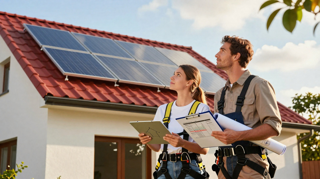 Zwei Handwerker inspizieren Solarpaneele auf dem Dach eines Hauses bei sonnigem Wetter.