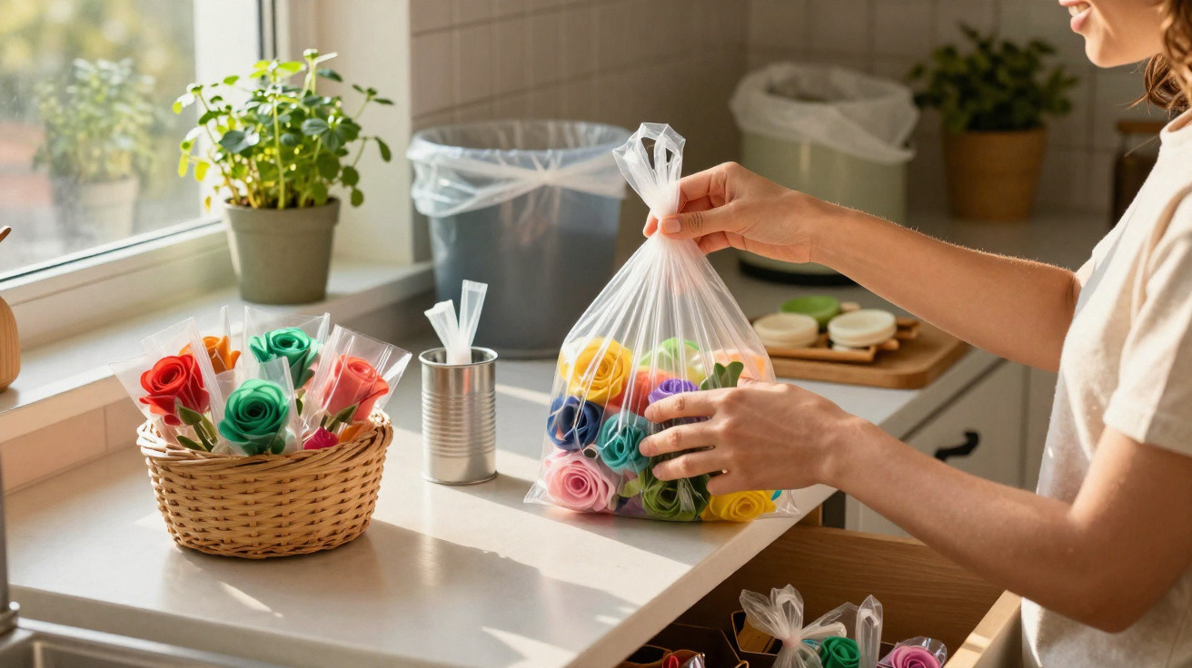 Frau verpackt bunte Seifenrosen in durchsichtige Tüten in einer hellen Küche am Fenster.