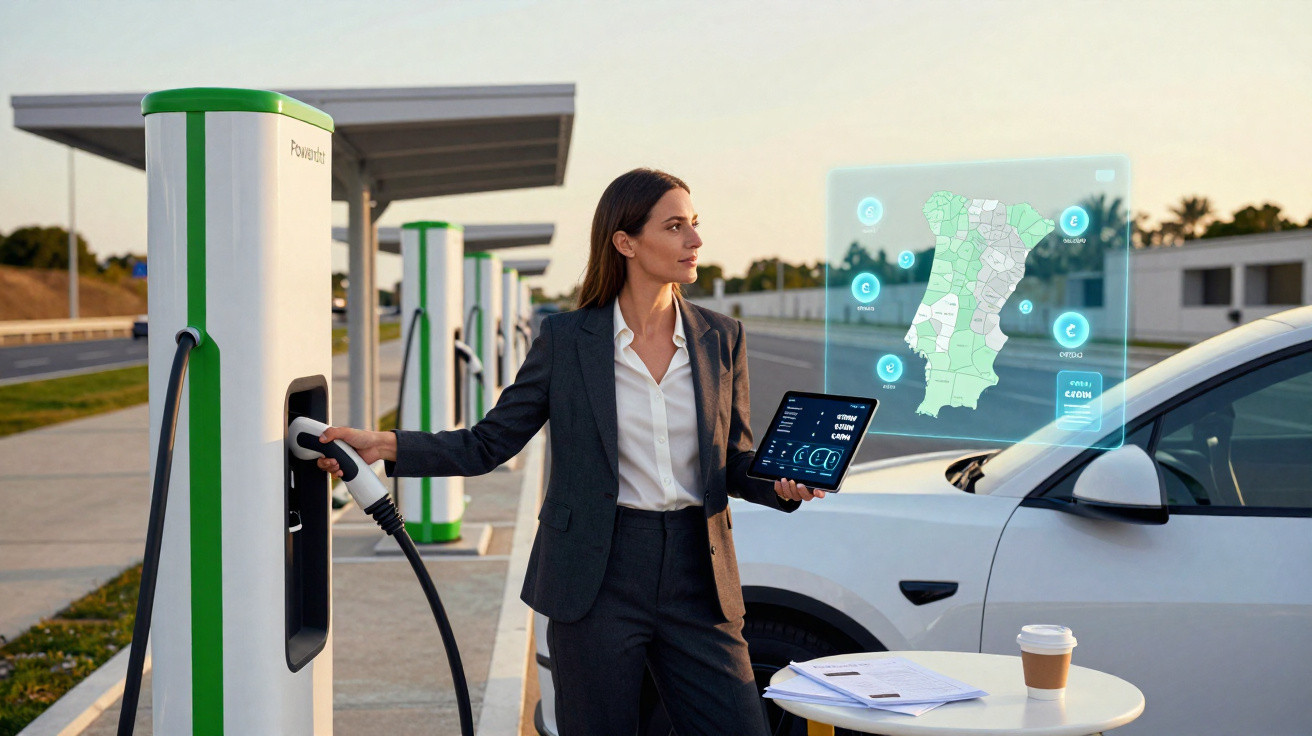 Frau in Business-Anzug lädt Elektroauto an Ladesäule und hält Tablet mit digitaler Kartenanzeige.