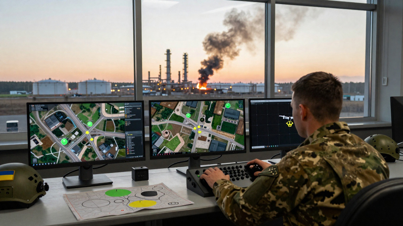 Ein Soldat überwacht auf Bildschirmen eine Einsatzkarte, während im Hintergrund eine Industrieanlage brennt.