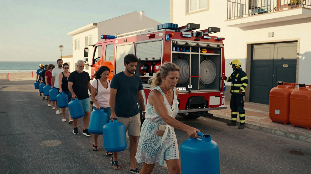 Menschen stehen in einer Schlange mit blauen Kanistern vor einem Feuerwehrauto neben einem Feuerwehrmann.