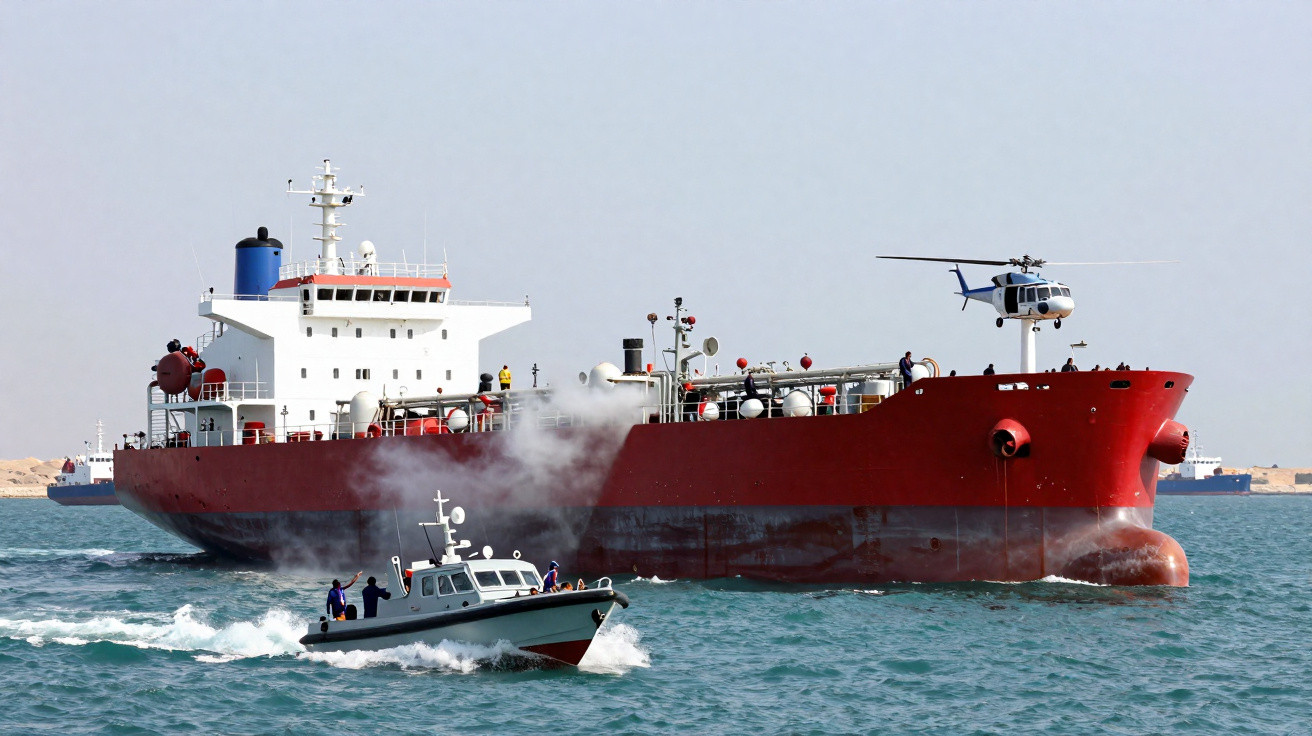 Rotes Frachtschiff auf dem Wasser mit rauchendem kleinen Boot vorne und Hubschrauber daneben.