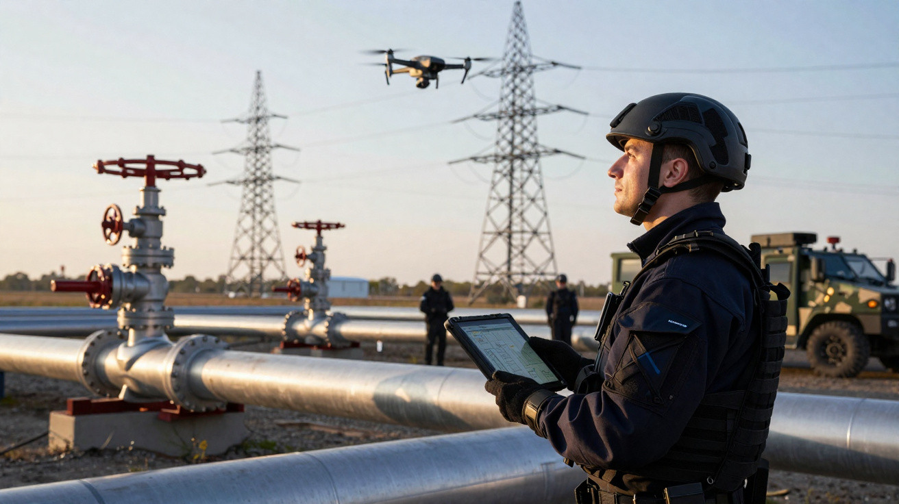 Mann mit Helm bedient Tablet zur Überwachung einer Drohne bei Industrie-Pipeline vor Strommasten.
