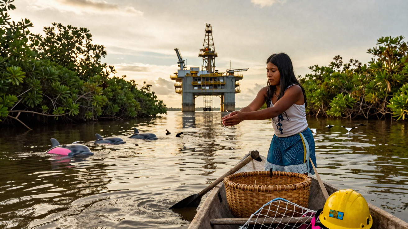 Frau in traditioneller Kleidung in Kanu auf dem Wasser mit Offshore-Ölplattform und Delfinen im Hintergrund.
